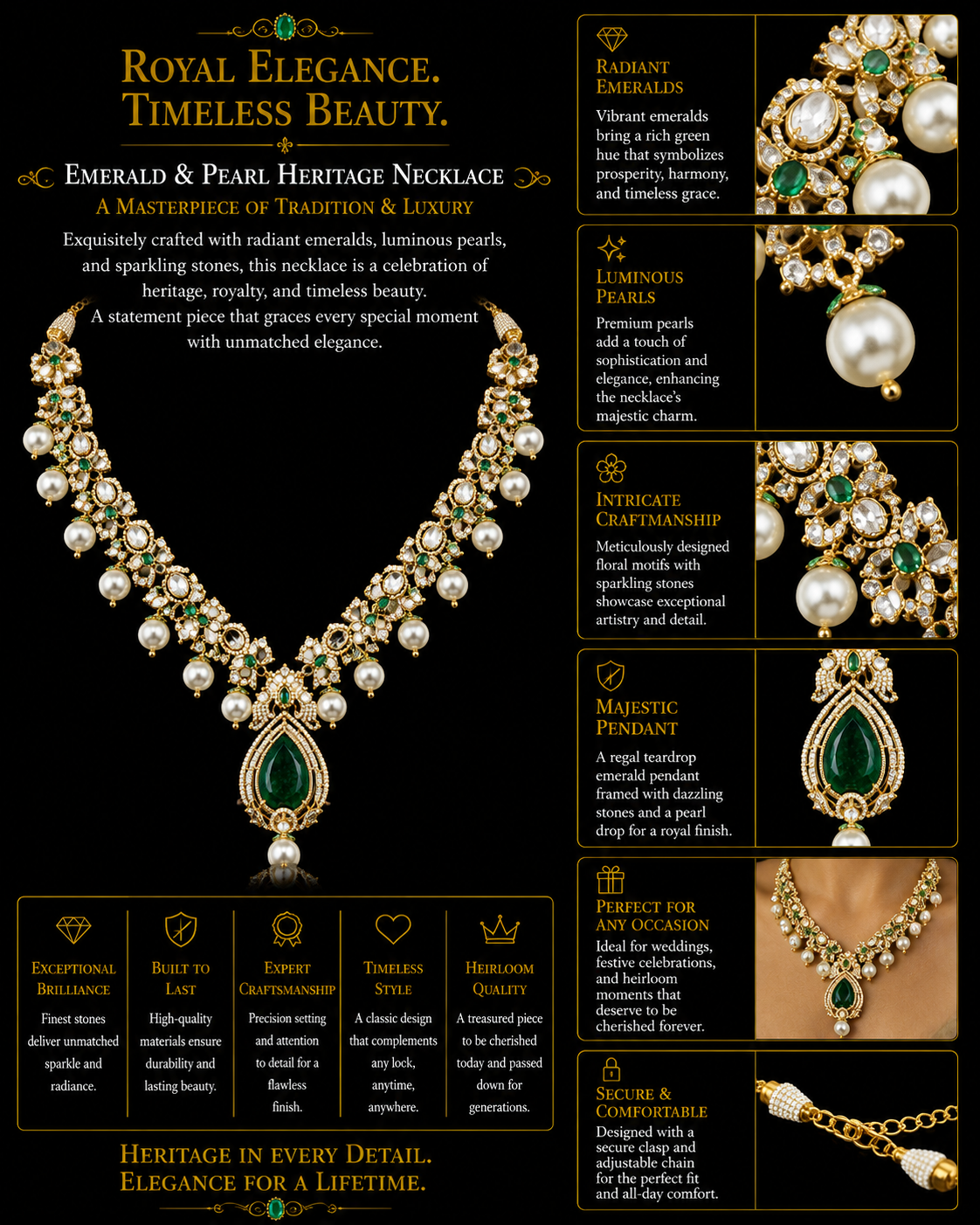 Emerald Green Teardrop Kundan Necklace with Pearl Drops