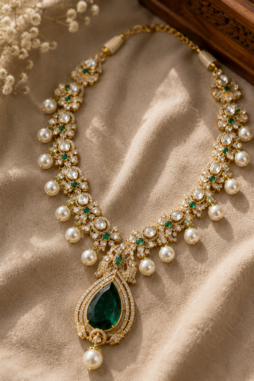Emerald Green Teardrop Kundan Necklace with Pearl Drops