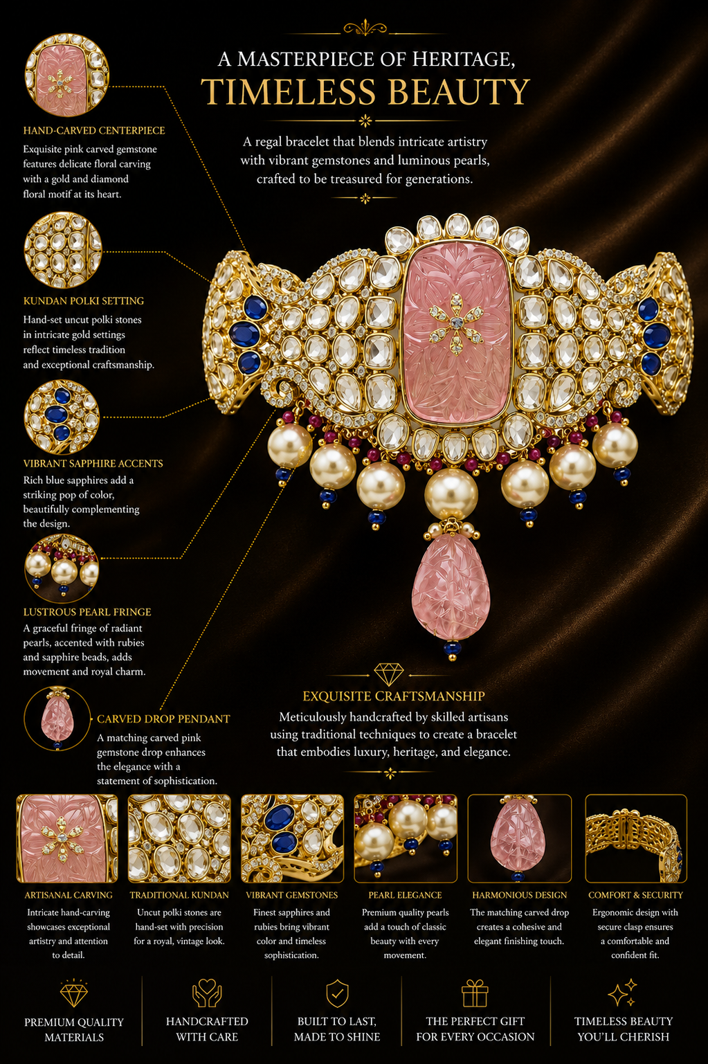 Rose Quartz Carved Kundan Choker with Sapphire Accents and Pearl Drops