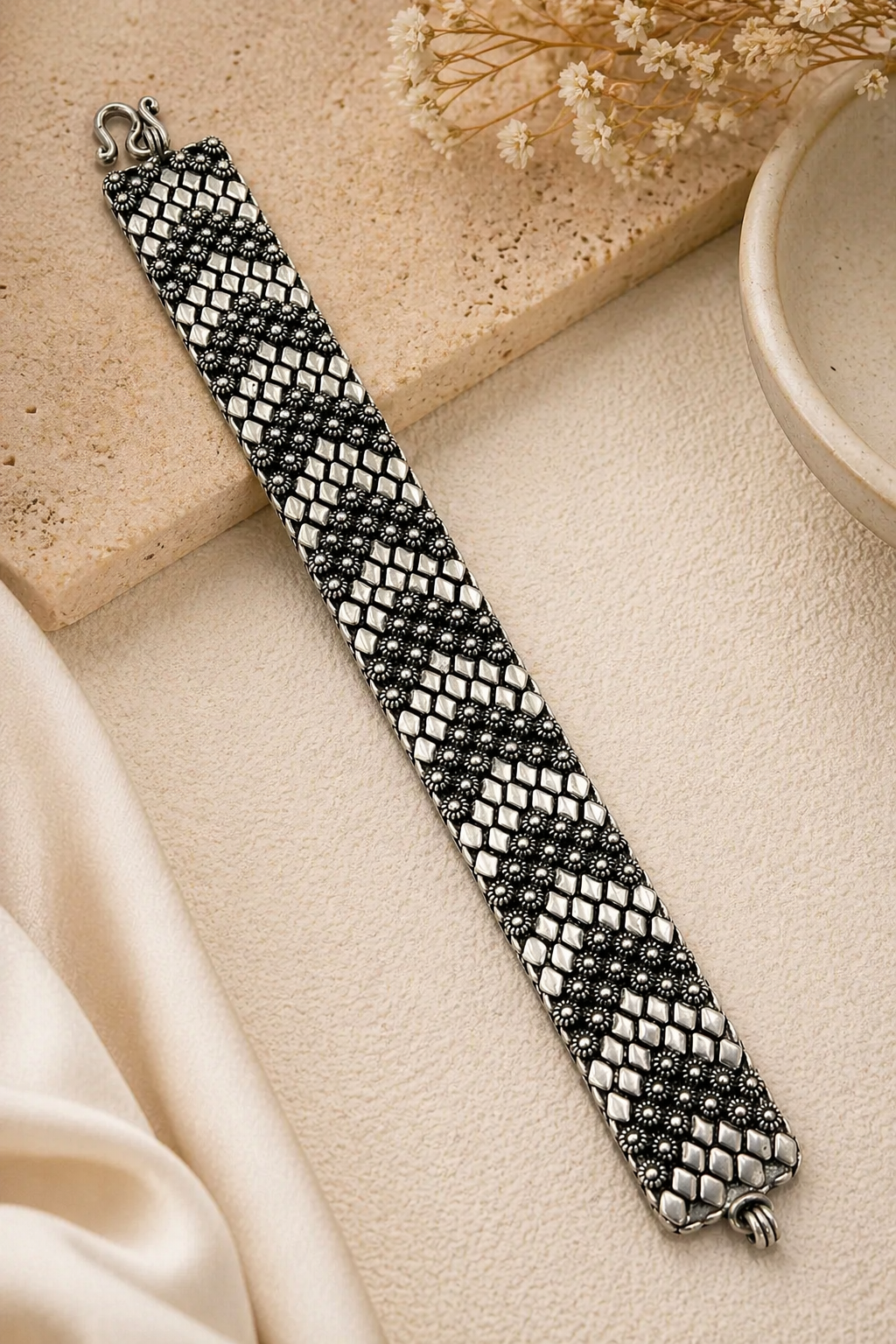 Oxidized Silver Textured Panel Bracelet – Artisan Statement Cuff