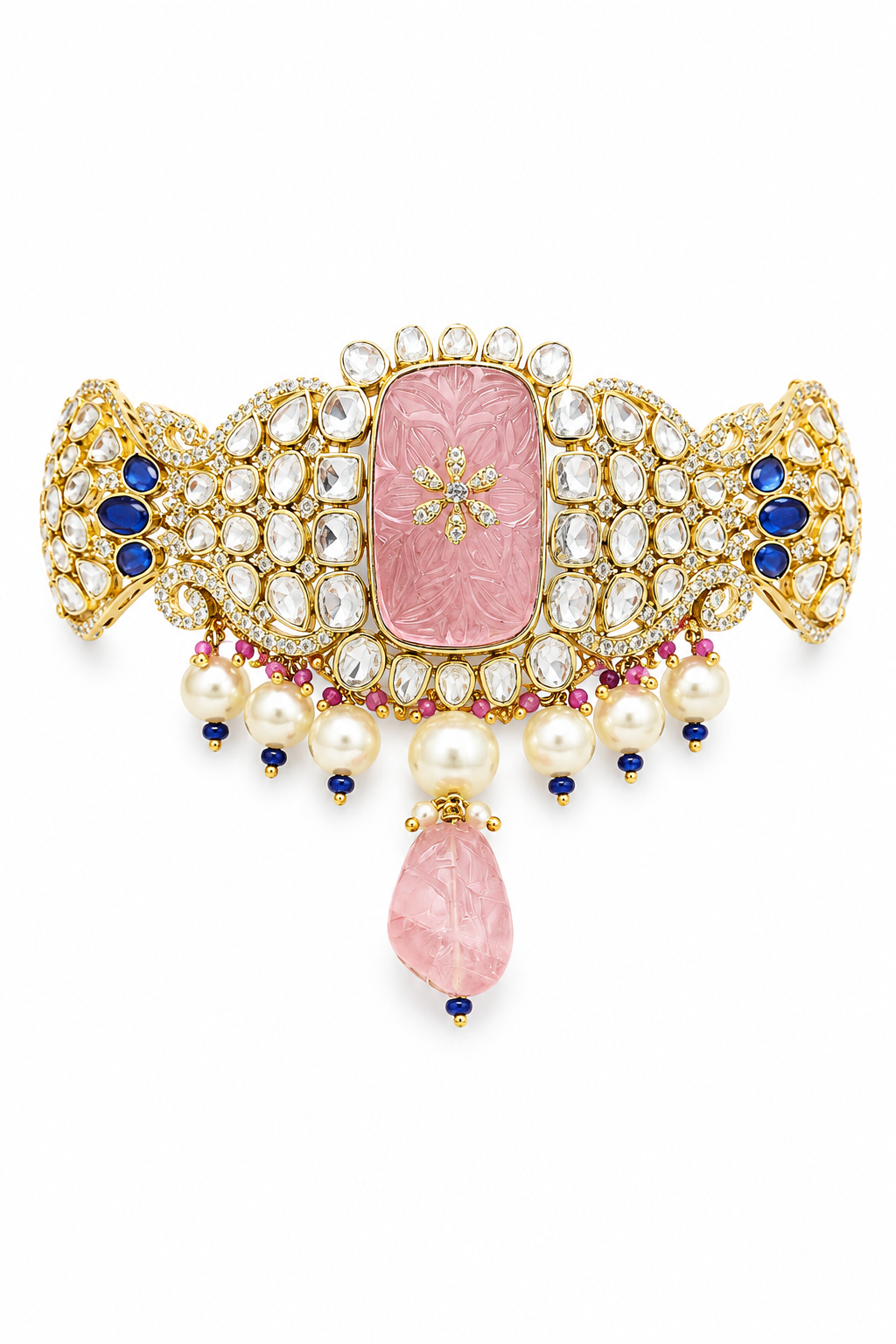 Rose Quartz Carved Kundan Choker with Sapphire Accents and Pearl Drops