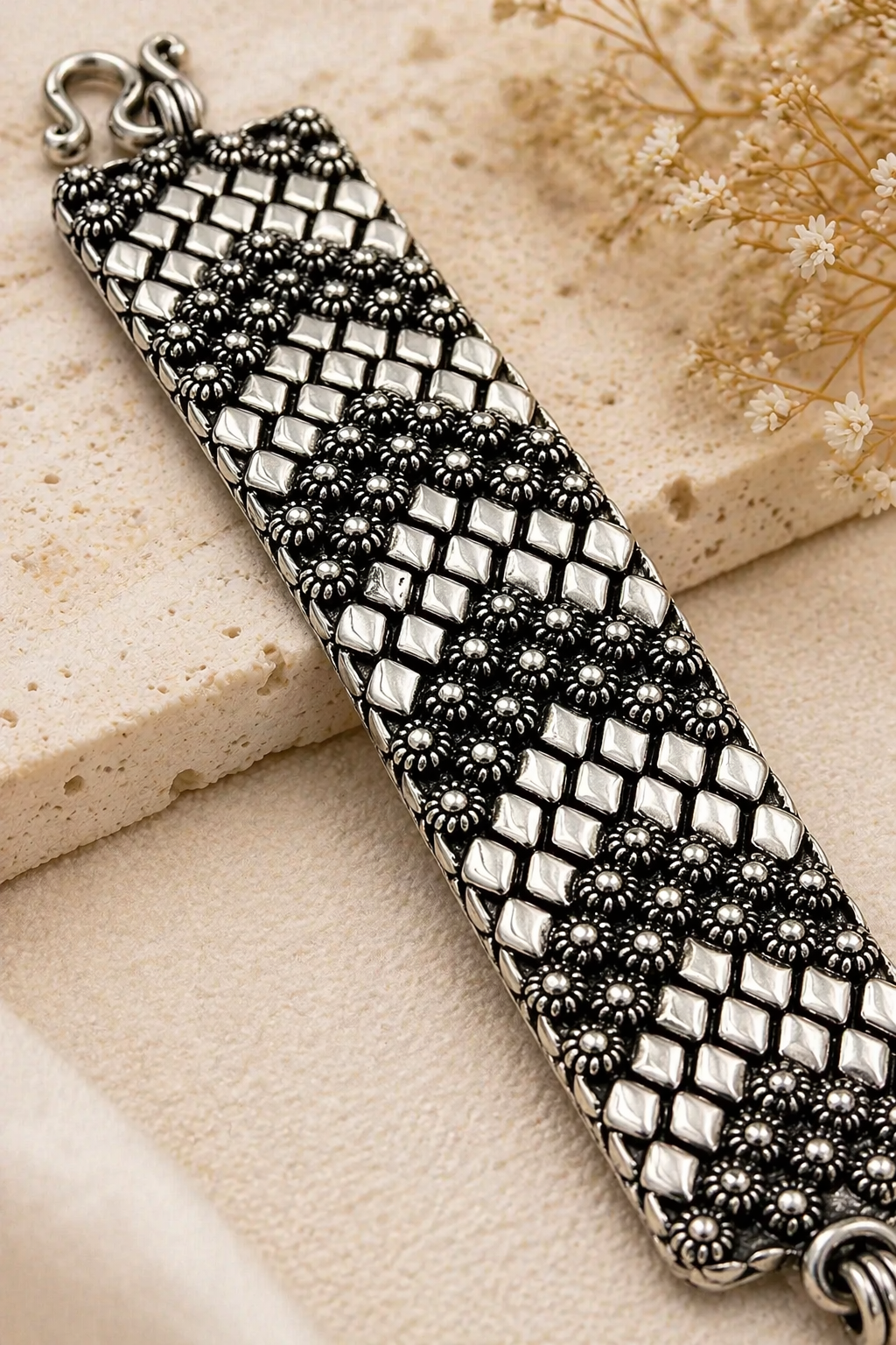 Oxidized Silver Textured Panel Bracelet – Artisan Statement Cuff