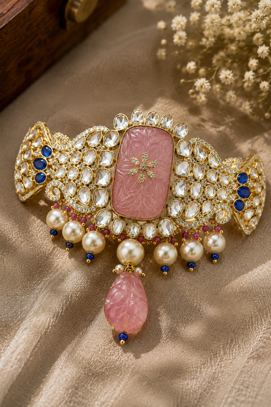 Rose Quartz Carved Kundan Choker with Sapphire Accents and Pearl Drops