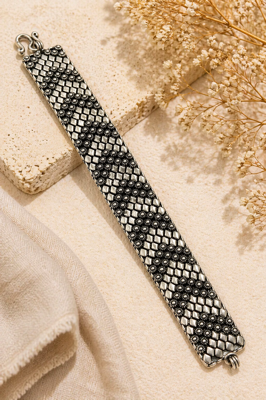 Oxidized Silver Textured Panel Bracelet – Artisan Statement Cuff