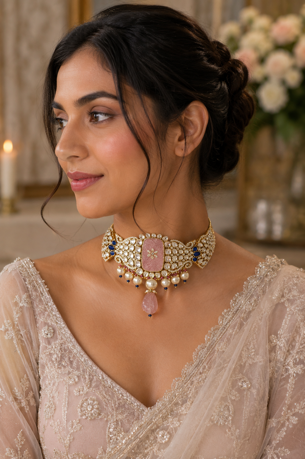 Rose Quartz Carved Kundan Choker with Sapphire Accents and Pearl Drops