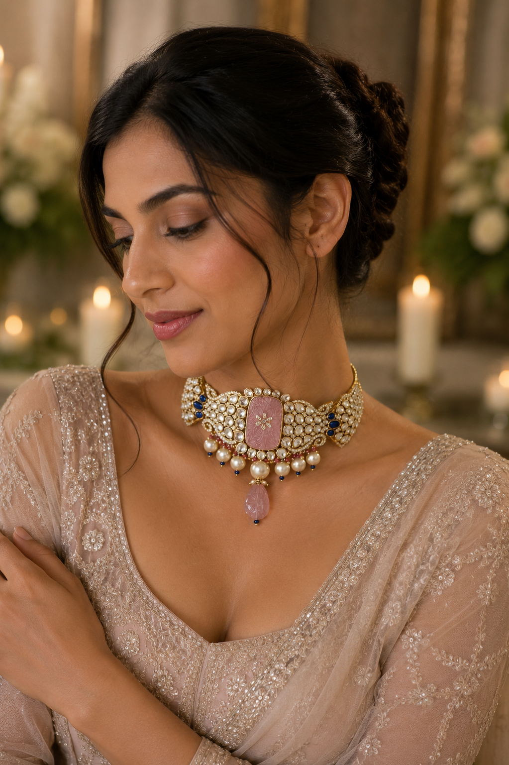 Rose Quartz Carved Kundan Choker with Sapphire Accents and Pearl Drops