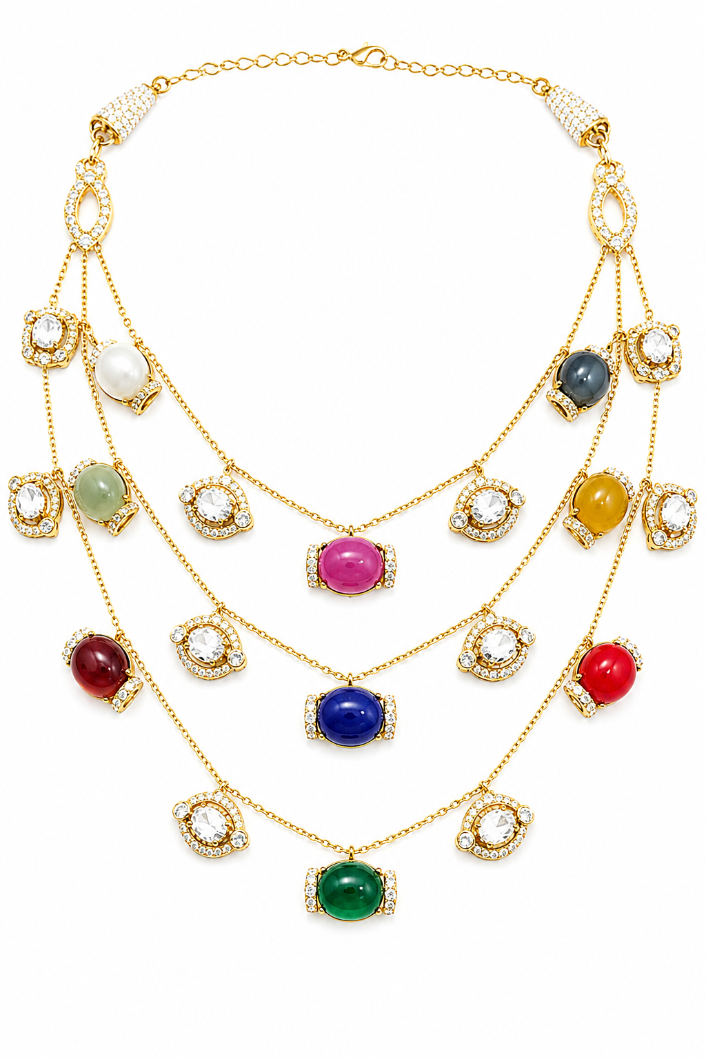 Multi-Gem Cabochon Layered Gold Necklace