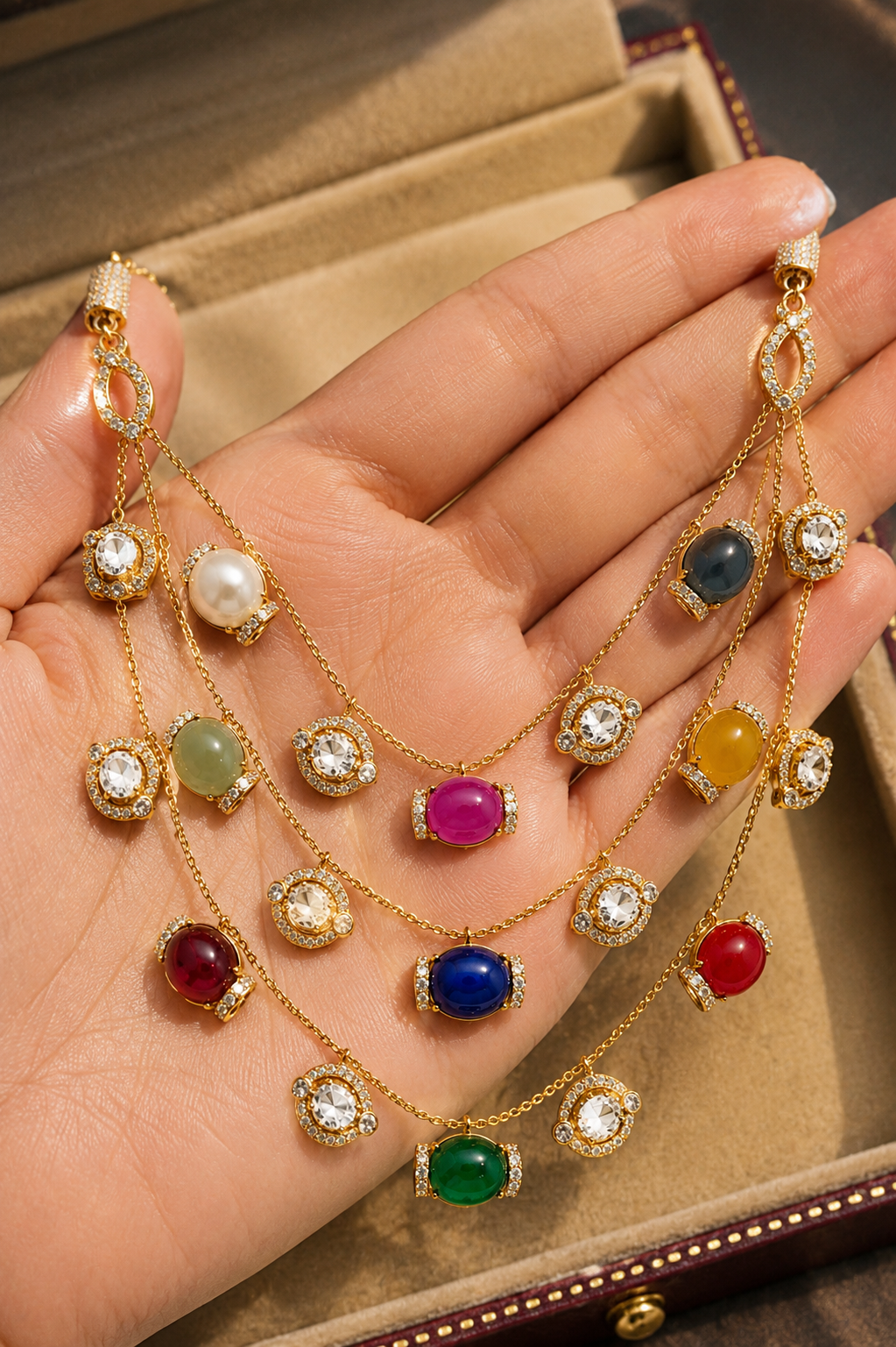 Multi-Gem Cabochon Layered Gold Necklace