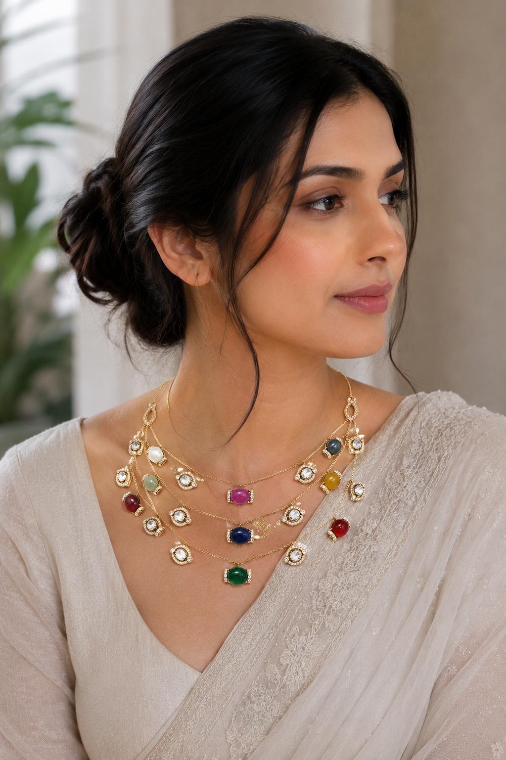 Multi-Gem Cabochon Layered Gold Necklace