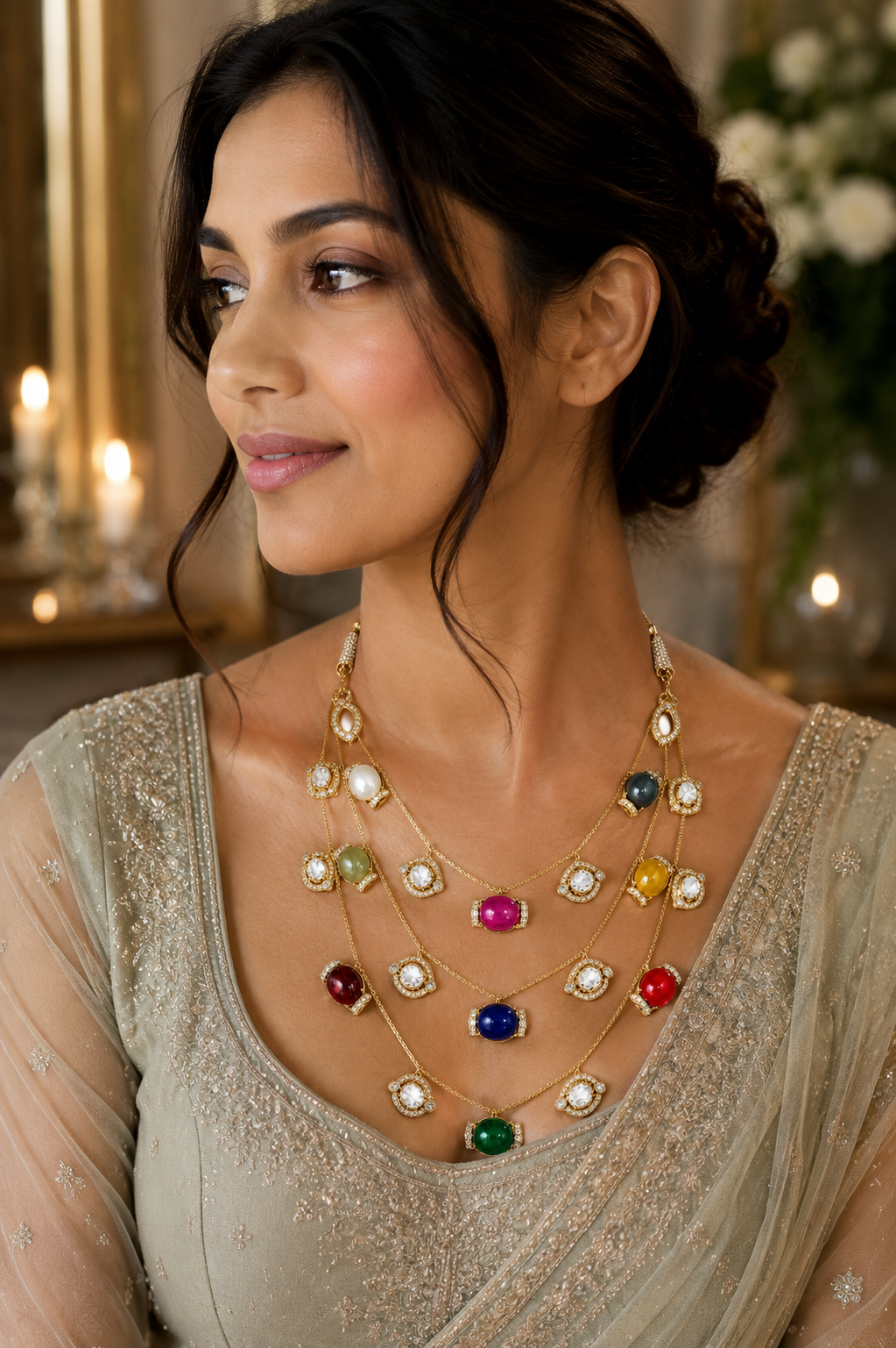 Multi-Gem Cabochon Layered Gold Necklace