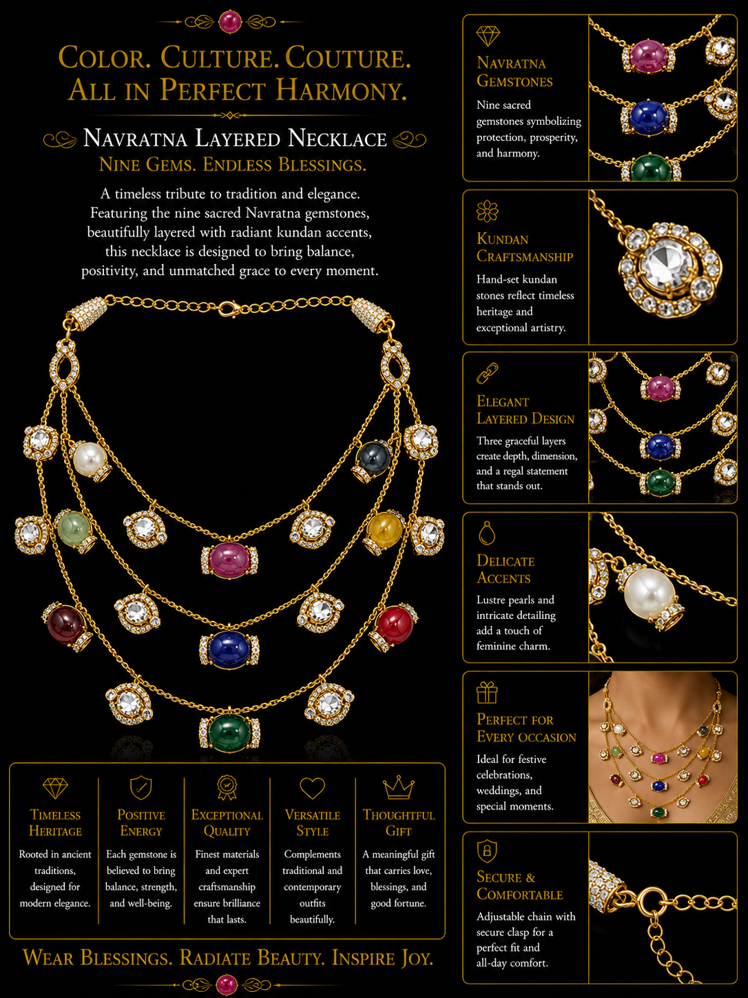 Multi-Gem Cabochon Layered Gold Necklace