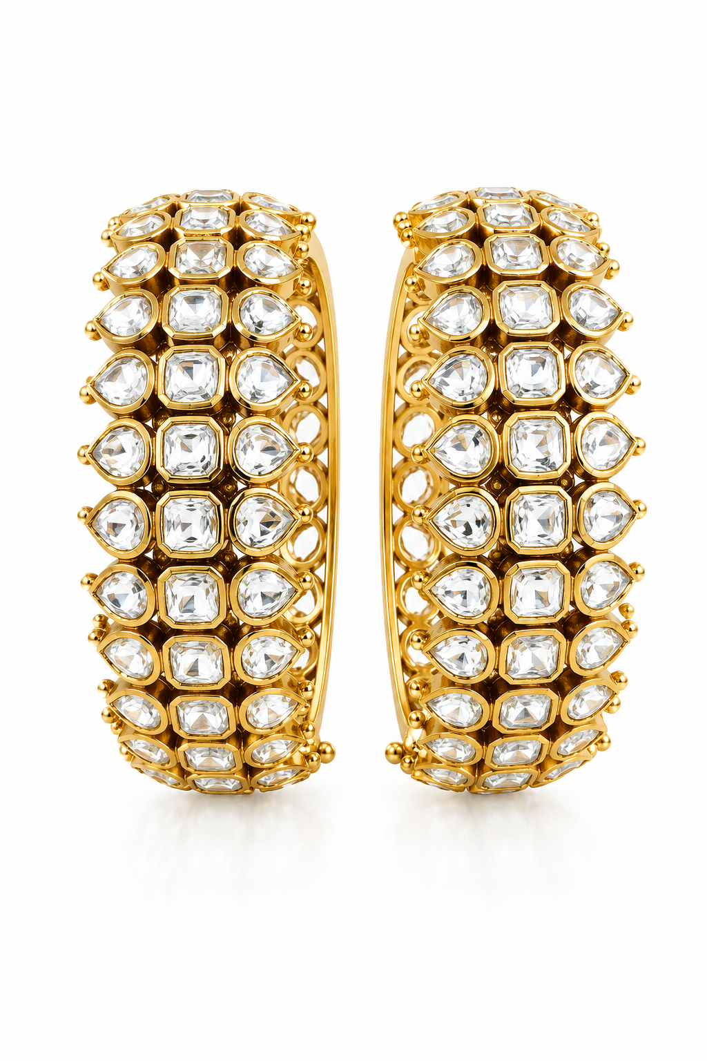 Classic Kundan Polki Broad Bangles Pair in Yellow Gold Finish