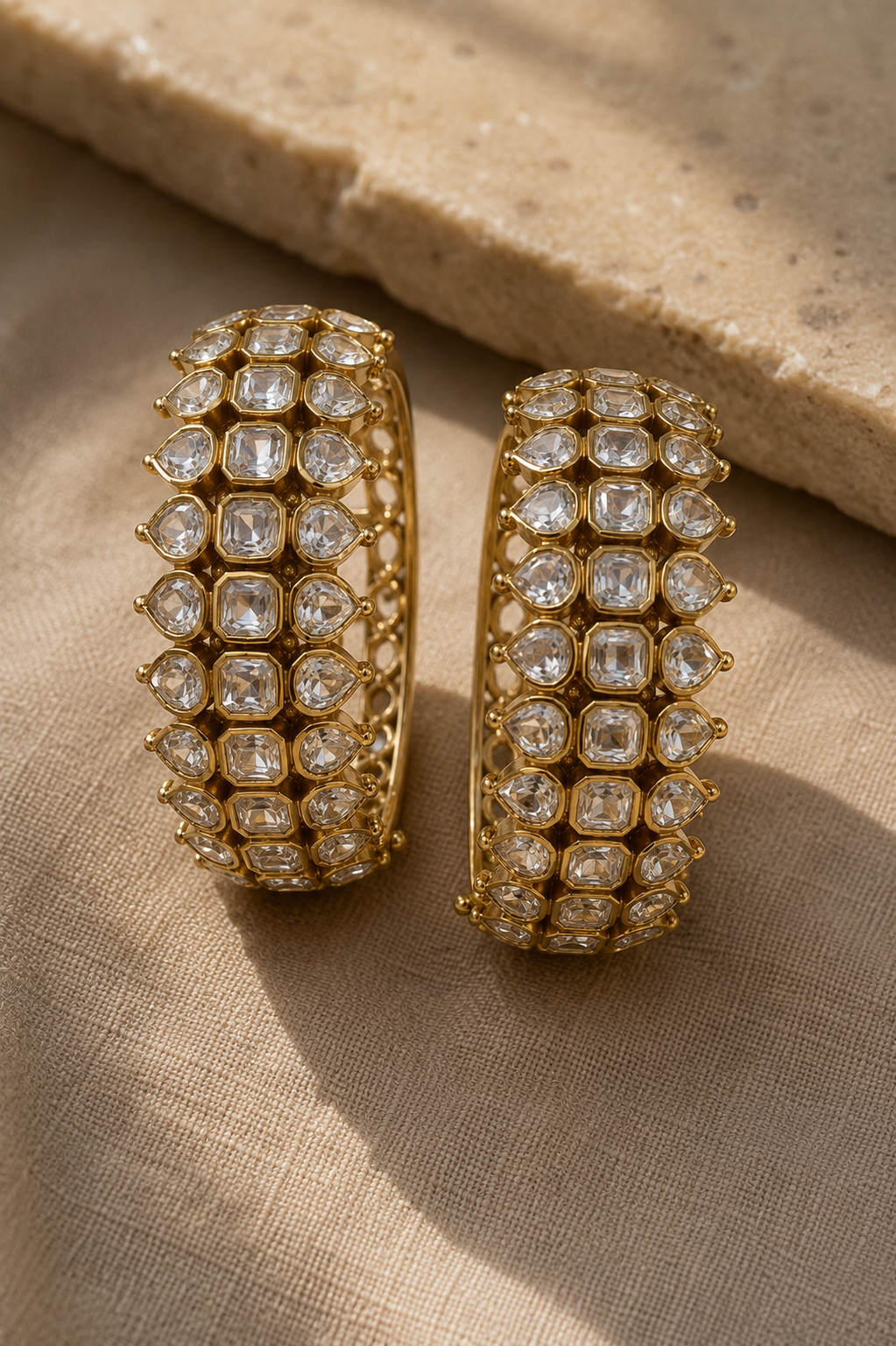 Classic Kundan Polki Broad Bangles Pair in Yellow Gold Finish