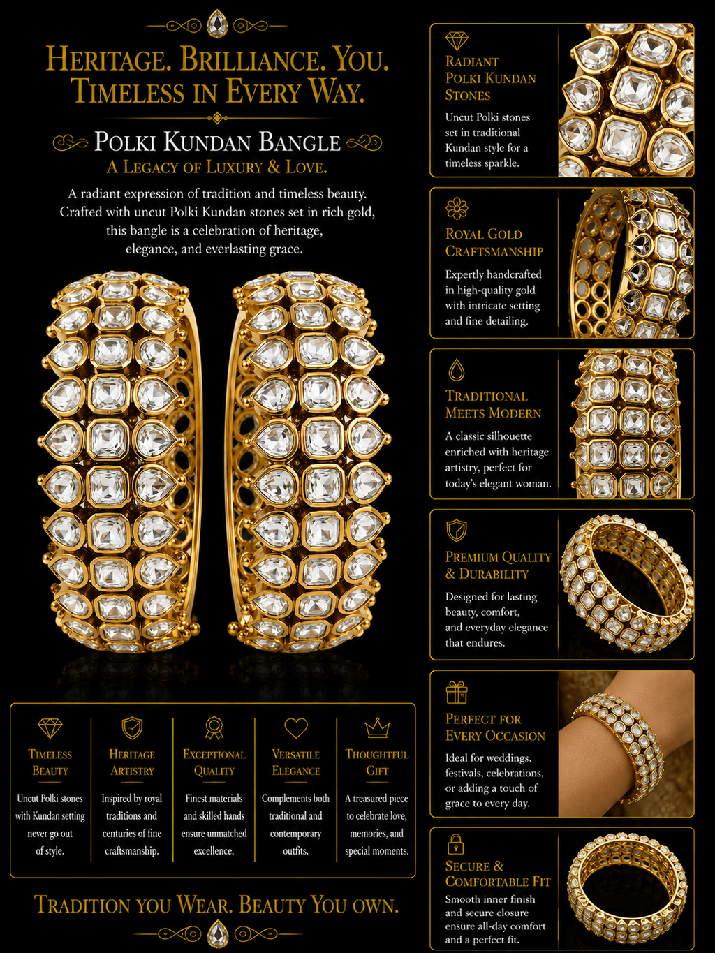 Classic Kundan Polki Broad Bangles Pair in Yellow Gold Finish