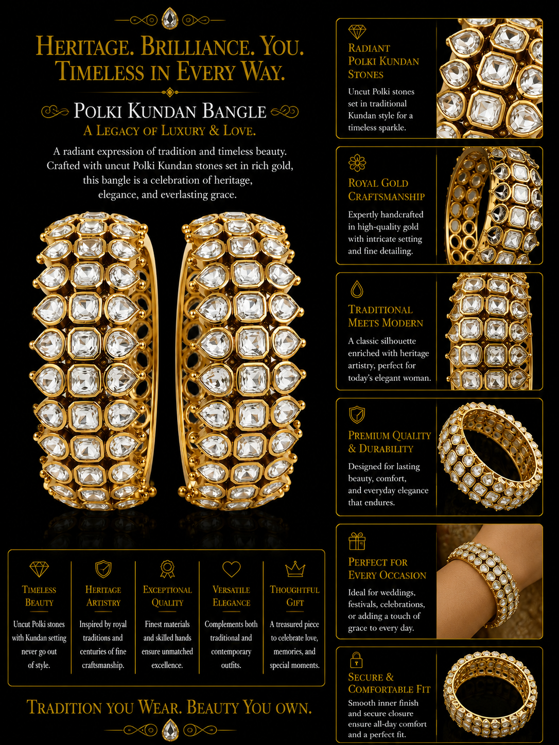 Classic Kundan Polki Broad Bangles Pair in Yellow Gold Finish