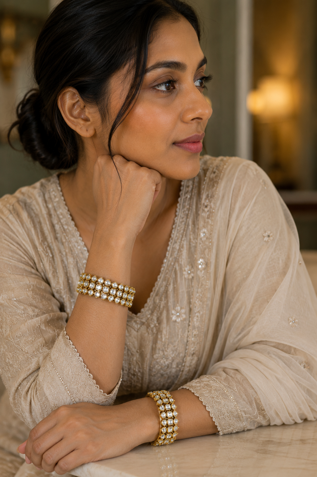 Classic Kundan Polki Broad Bangles Pair in Yellow Gold Finish
