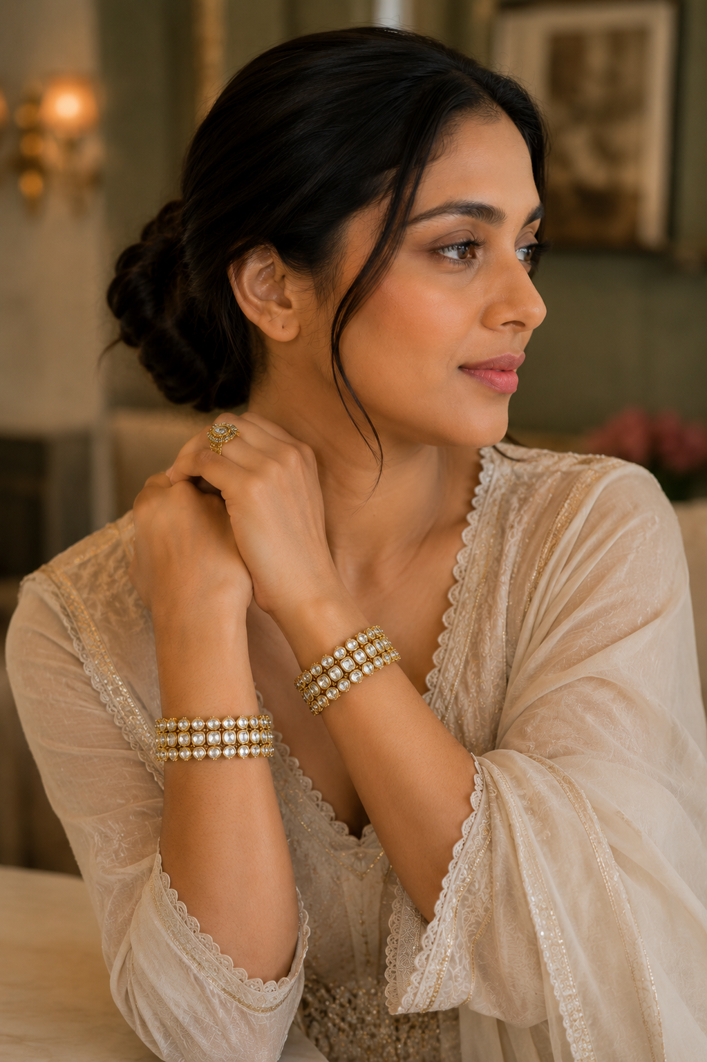 Classic Kundan Polki Broad Bangles Pair in Yellow Gold Finish