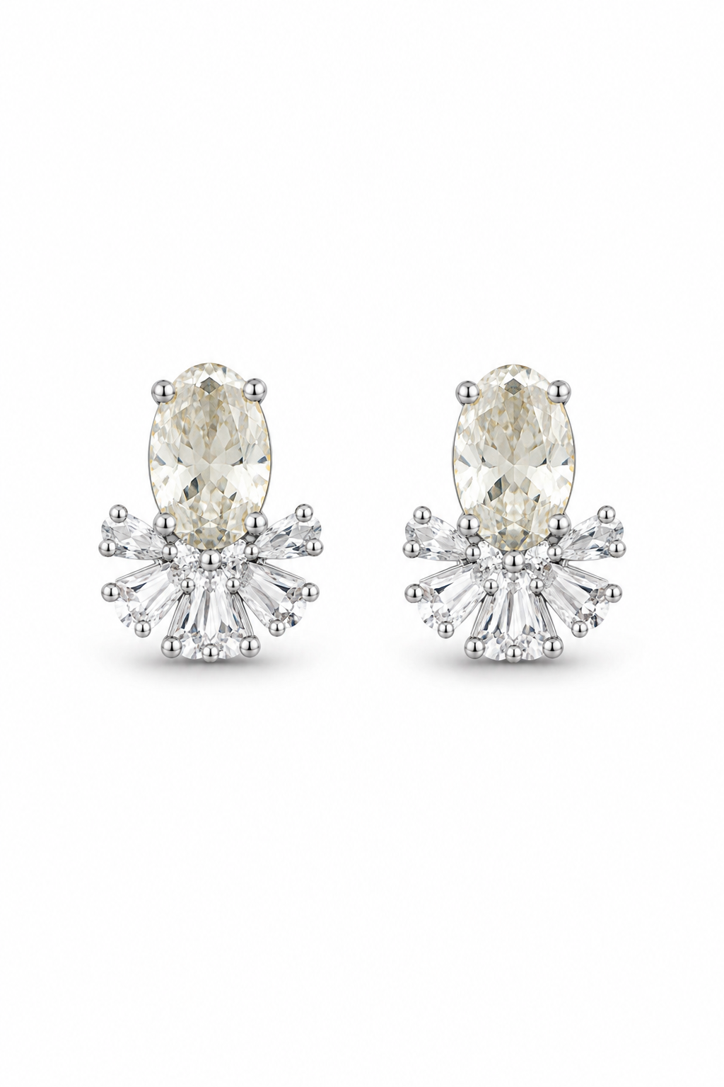 Oval Solitaire Diamond Stud Earrings with Fan Halo Accent
