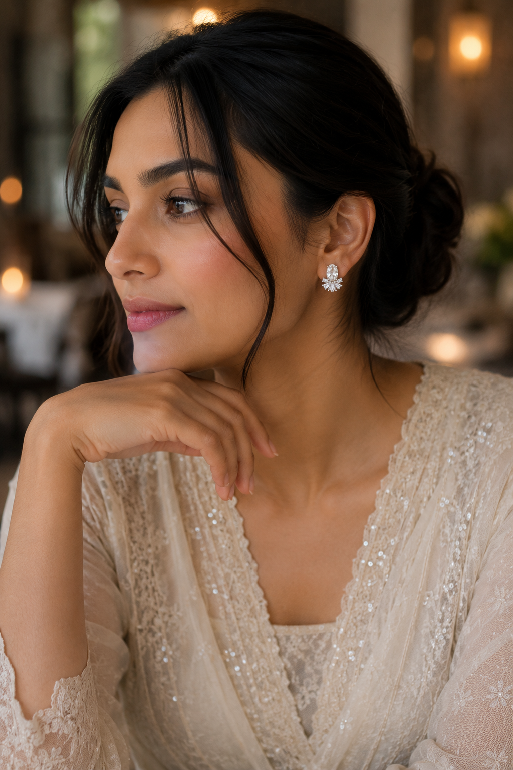 Oval Solitaire Diamond Stud Earrings with Fan Halo Accent