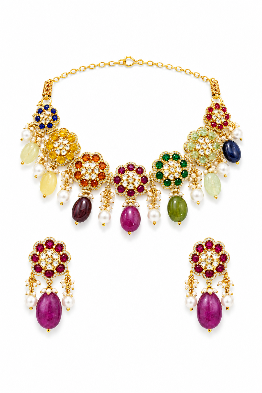 Multicolor Navratna-Inspired Floral Necklace Set