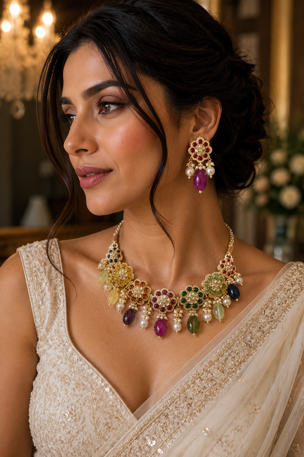 Multicolor Navratna-Inspired Floral Necklace Set