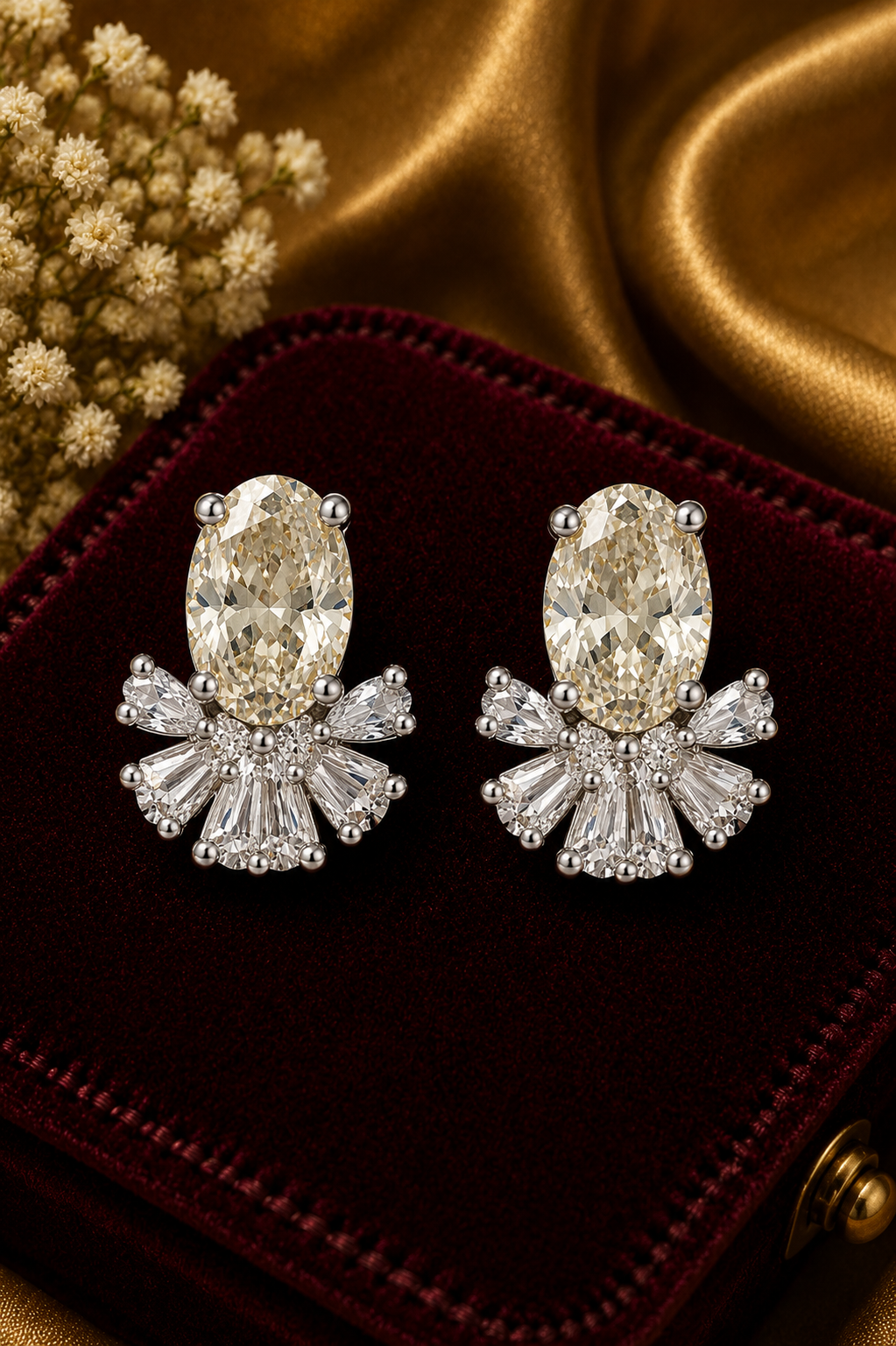 Oval Solitaire Diamond Stud Earrings with Fan Halo Accent
