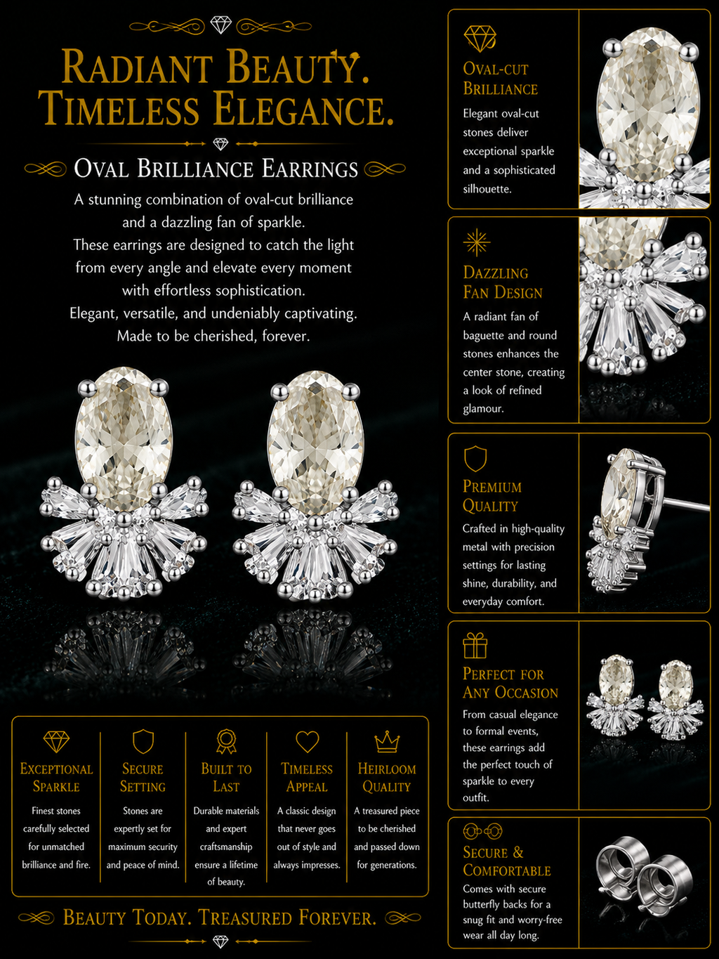 Oval Solitaire Diamond Stud Earrings with Fan Halo Accent