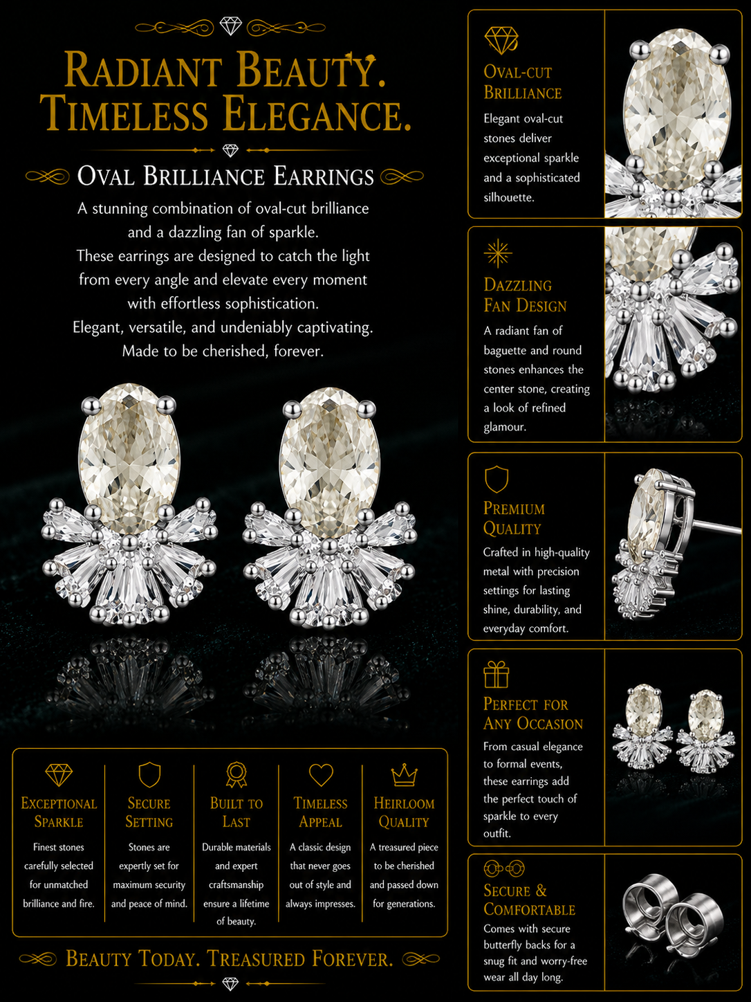 Oval Solitaire Diamond Stud Earrings with Fan Halo Accent