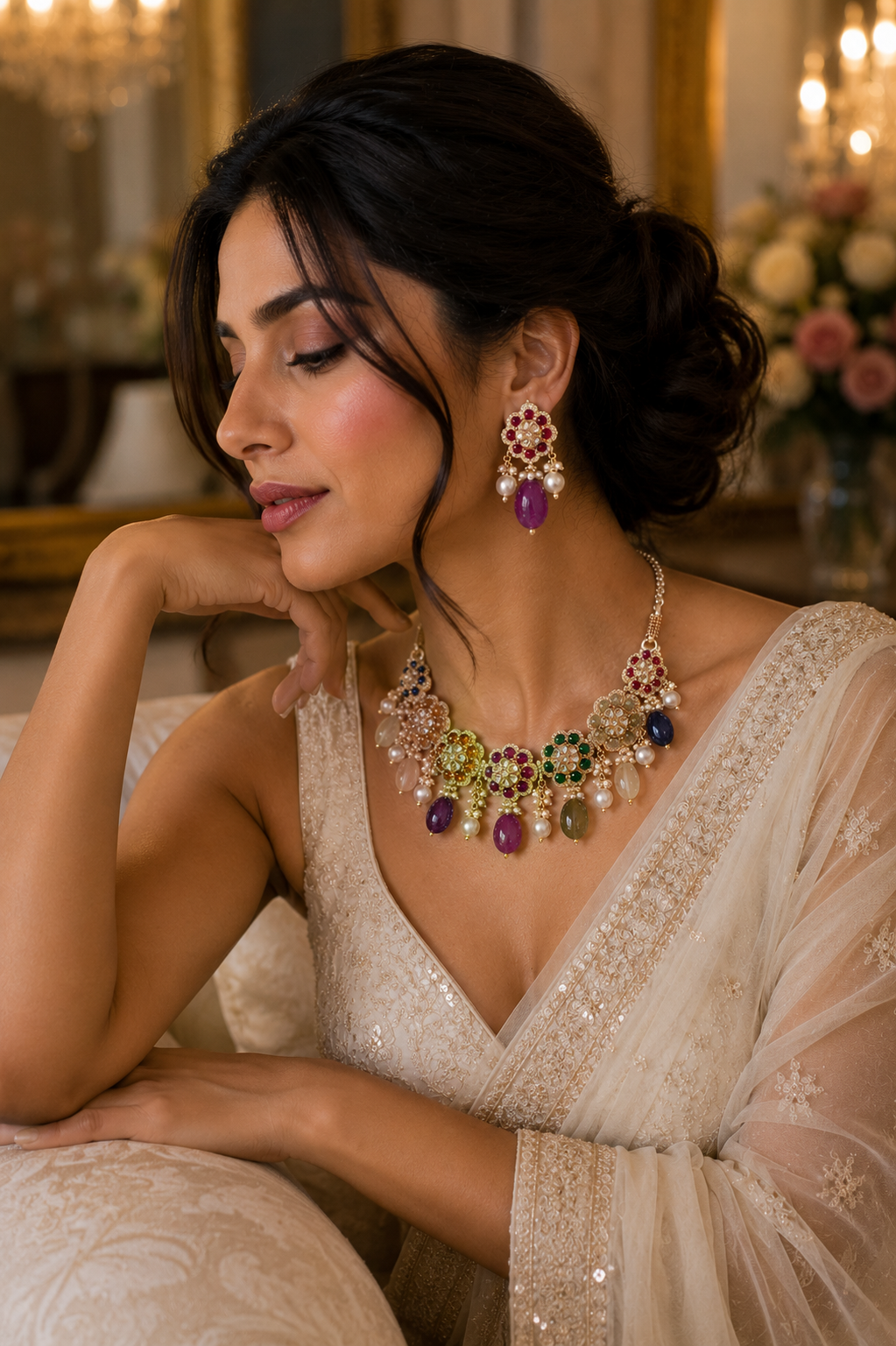 Multicolor Navratna-Inspired Floral Necklace Set