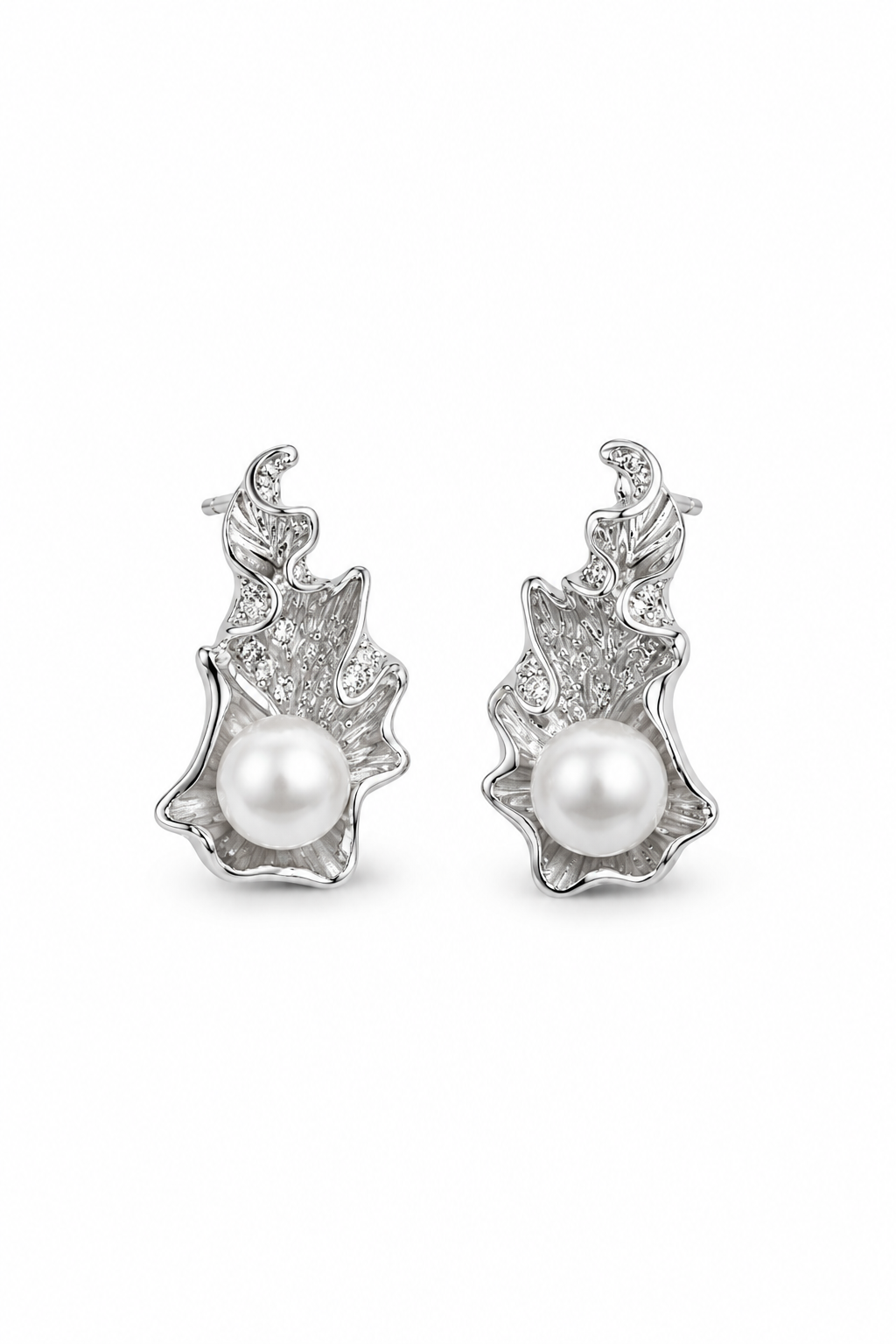 Organic Pearl Leaf Jewelry Set in White Gold Finish