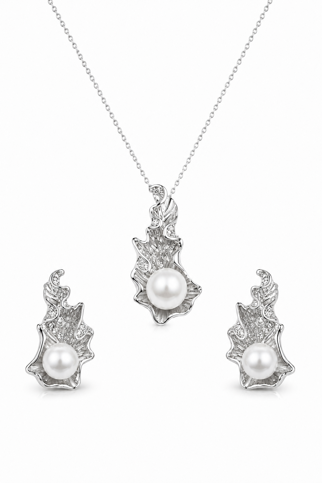 Organic Pearl Leaf Jewelry Set in White Gold Finish
