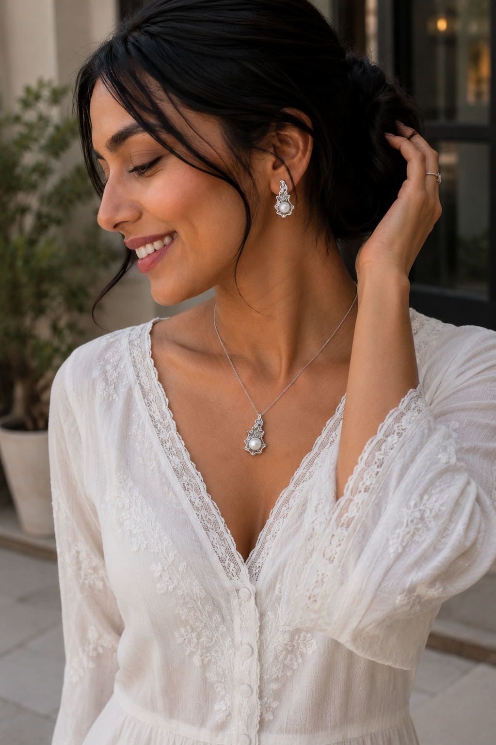 Organic Pearl Leaf Jewelry Set in White Gold Finish