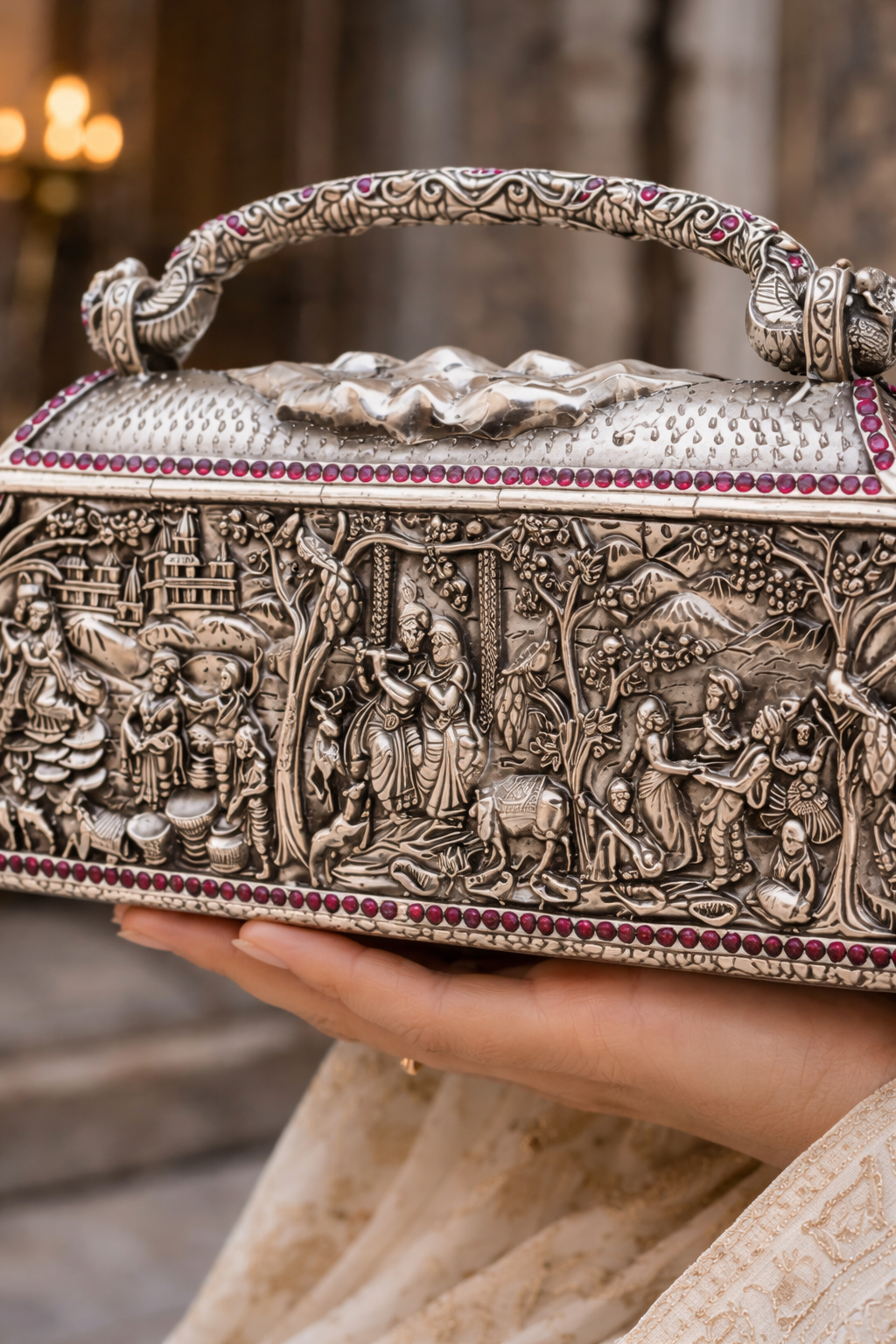 The Eternal Radha-Krishna Divine Embossed Silver Minaudière