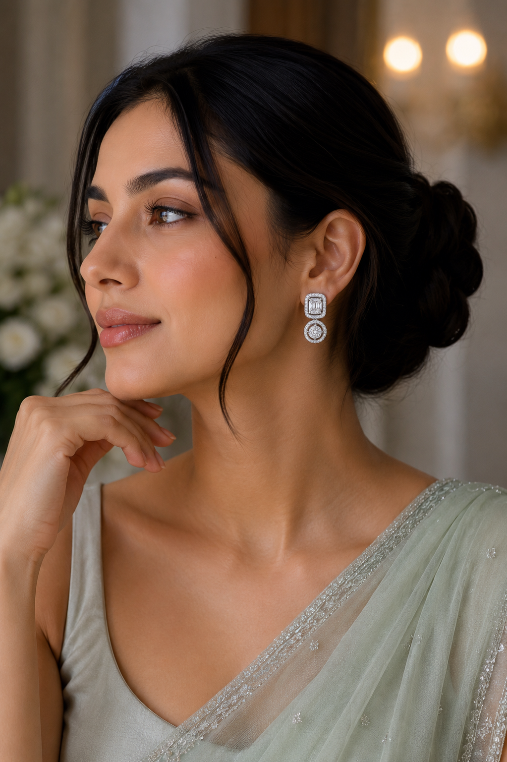 Halo Diamond Drop Earrings in Silver & Rose Gold Finish