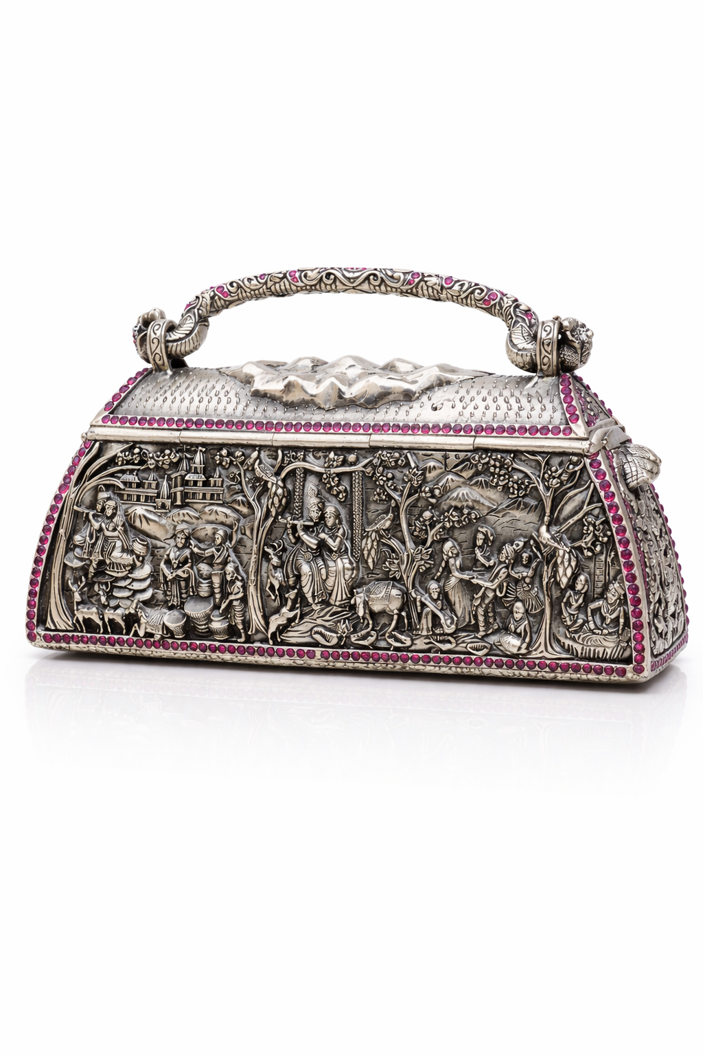 The Eternal Radha-Krishna Divine Embossed Silver Minaudière