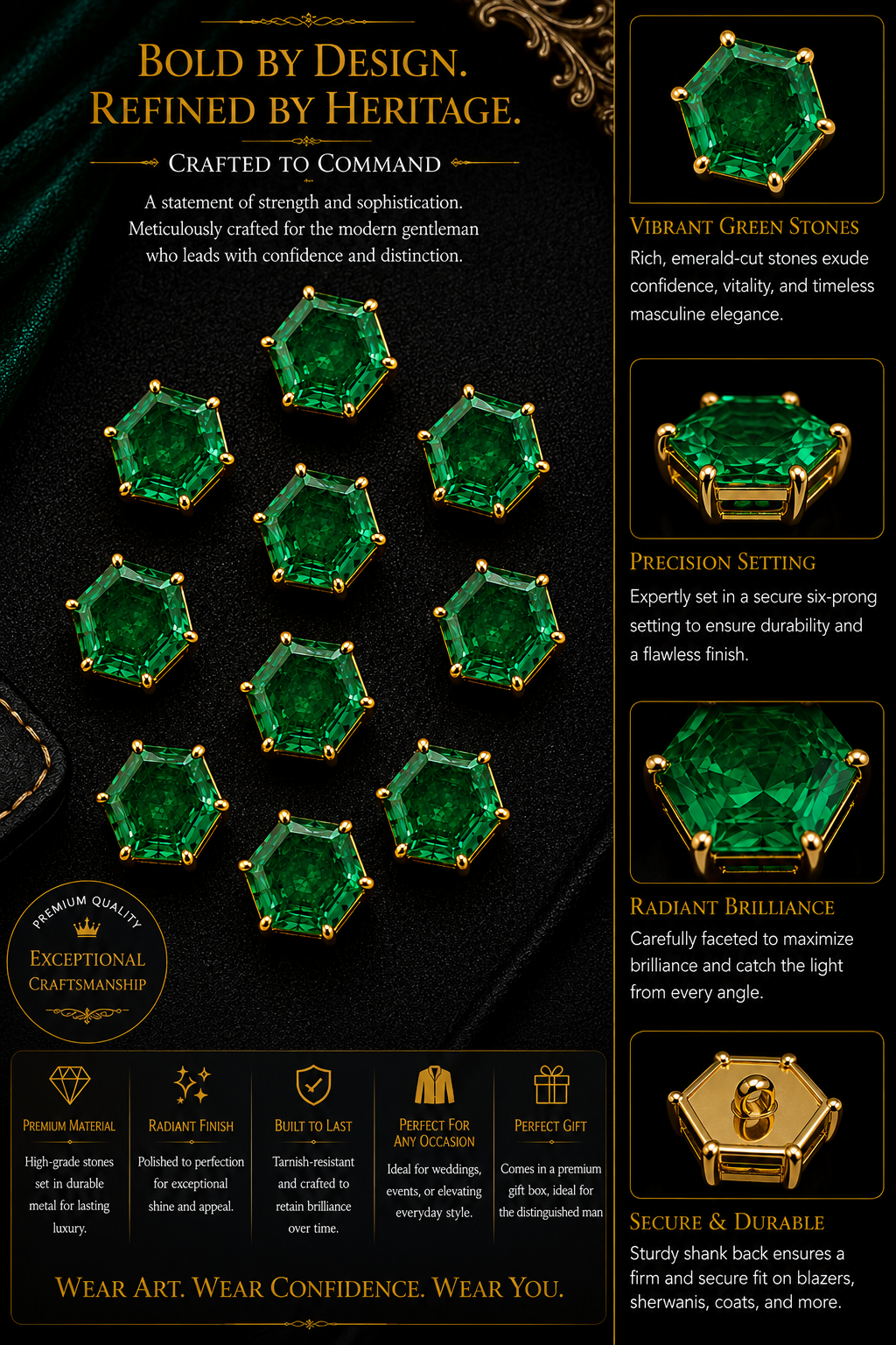 Hexagon Emerald Green Glass Buttons for Suits, Blazers, and Ethnic Wear