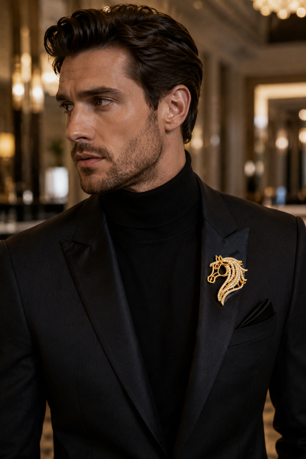 Crystal Pavé Horse Head Brooch with Ruby Eye in Gold — Equestrian Statement Pin