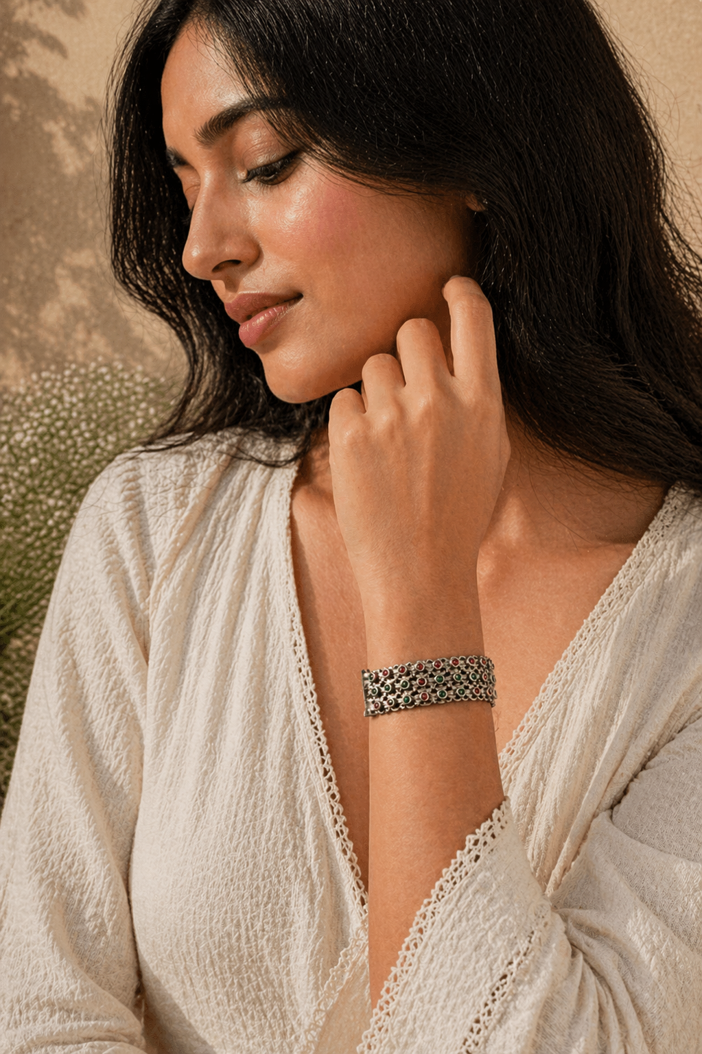 Oxidized Silver Multi-Stone Bracelet – Heritage Grid Design