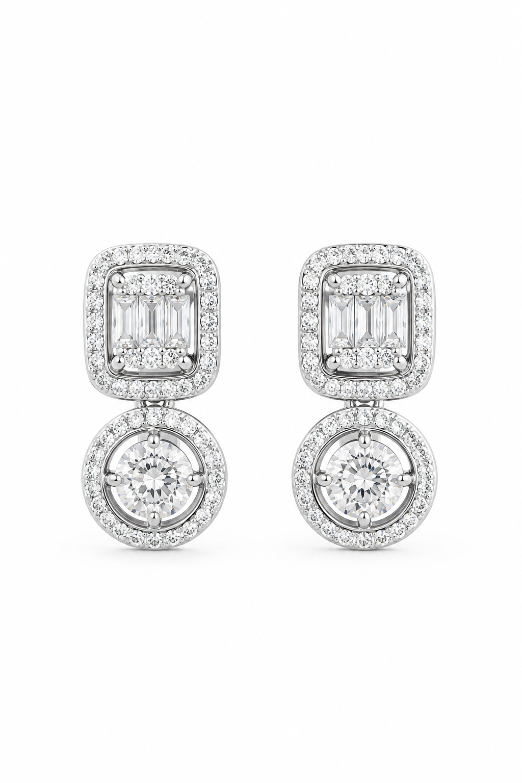 Halo Diamond Drop Earrings in Silver & Rose Gold Finish