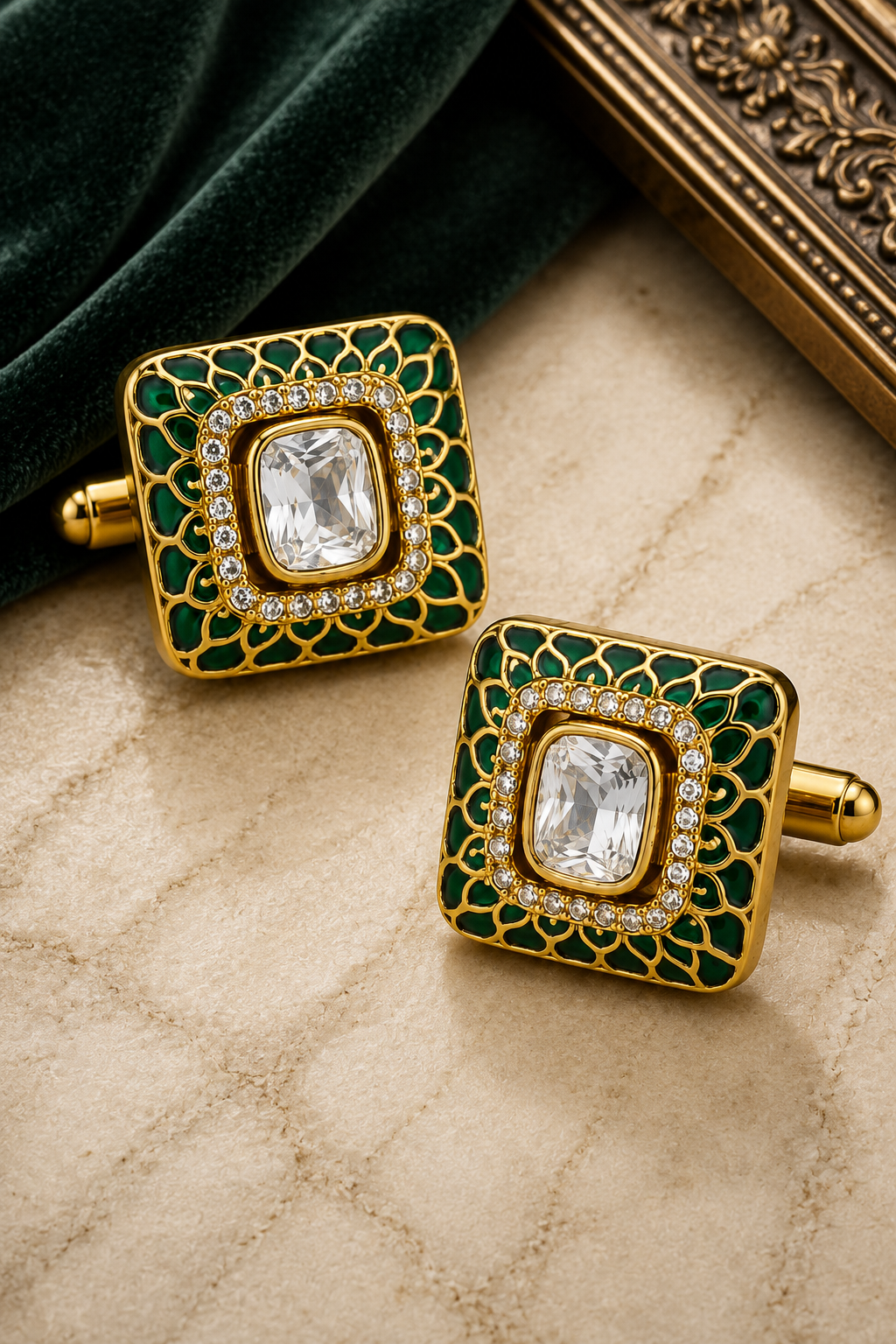 Ornate Green Enamel Cufflinks – Gold Finish Square Jewelry for Weddings and Formal Gifting