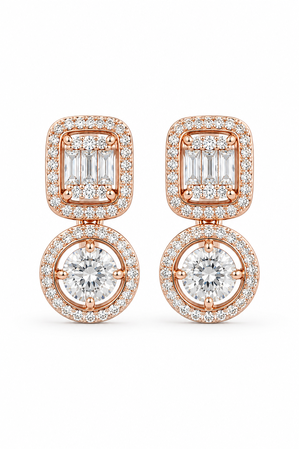 Halo Diamond Drop Earrings in Silver & Rose Gold Finish