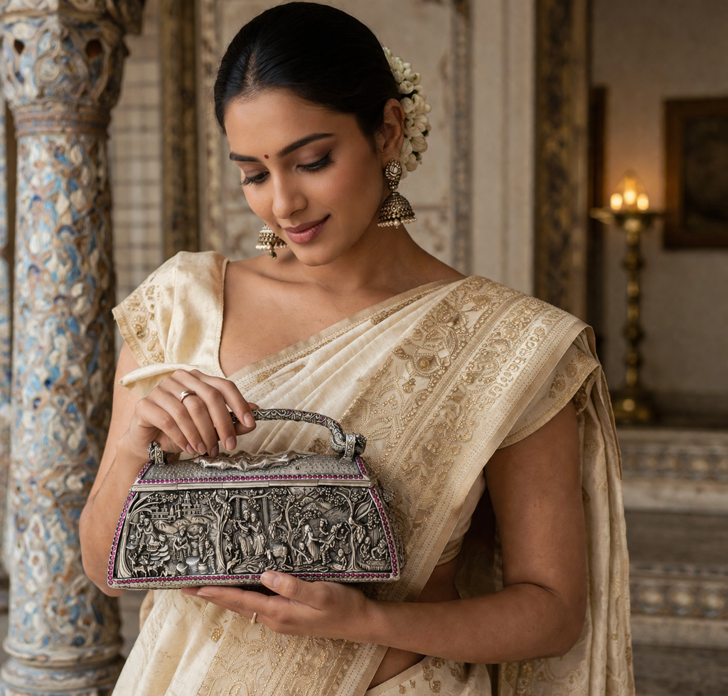 The Eternal Radha-Krishna Divine Embossed Silver Minaudière
