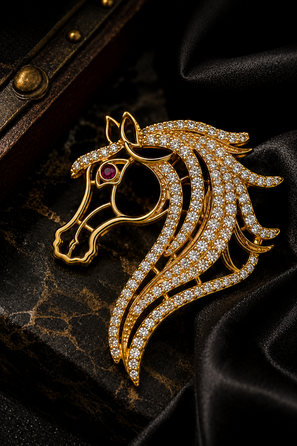 Crystal Pavé Horse Head Brooch with Ruby Eye in Gold — Equestrian Statement Pin