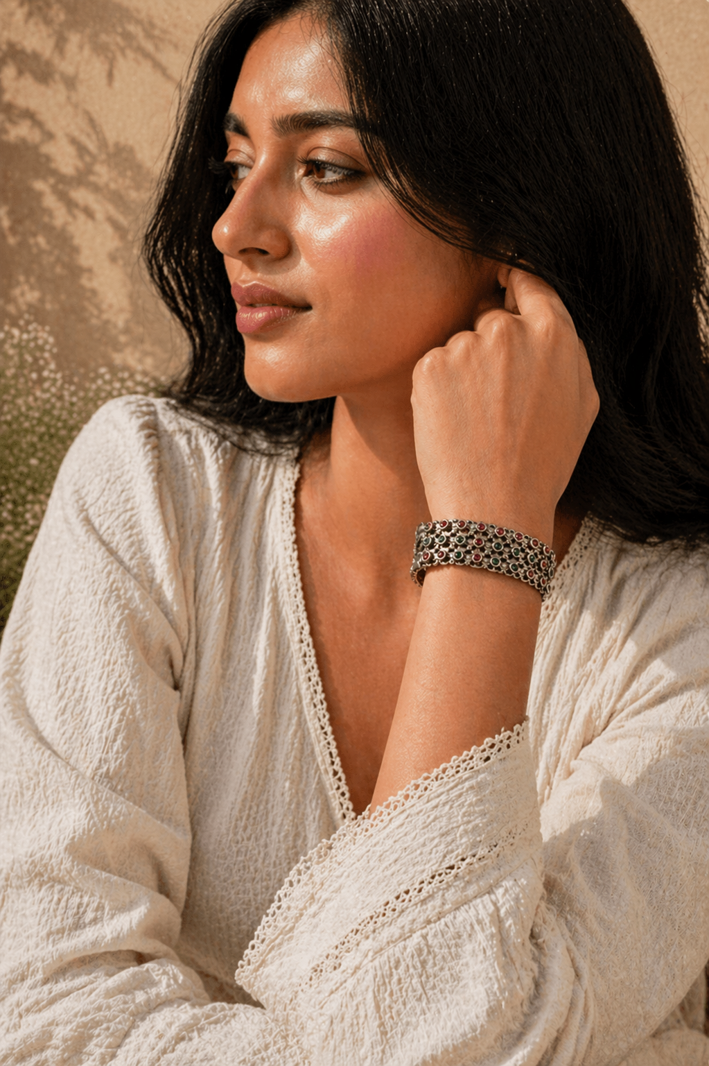 Oxidized Silver Multi-Stone Bracelet – Heritage Grid Design
