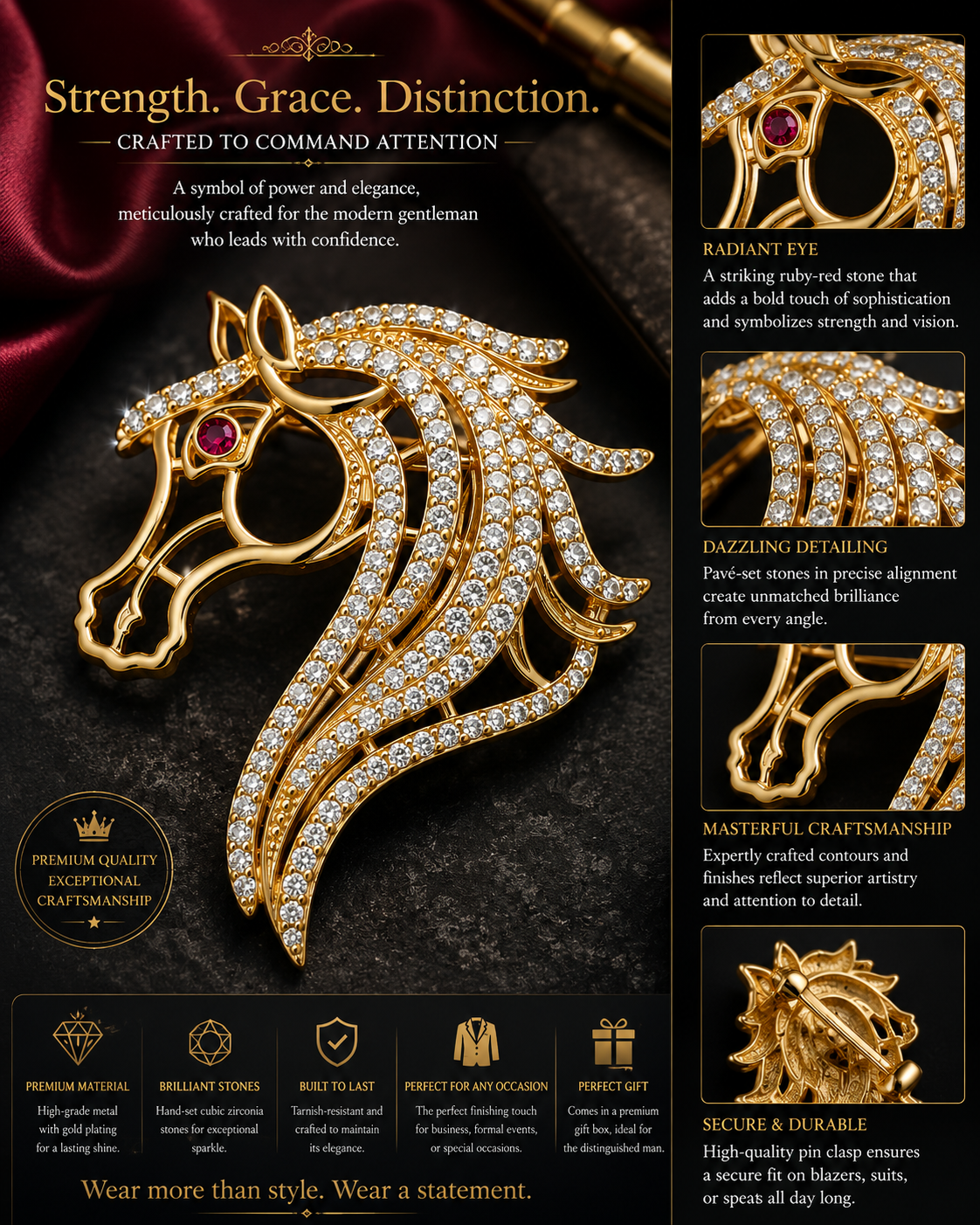 Crystal Pavé Horse Head Brooch with Ruby Eye in Gold — Equestrian Statement Pin