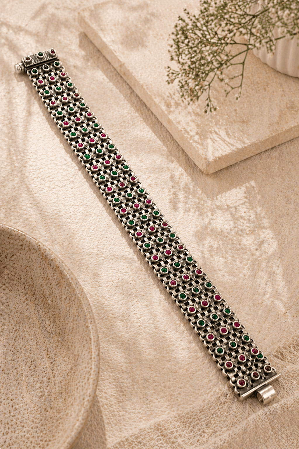 Oxidized Silver Multi-Stone Bracelet – Heritage Grid Design