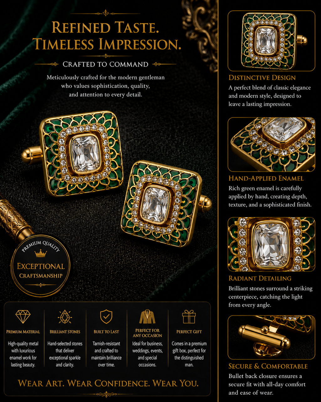 Ornate Green Enamel Cufflinks – Gold Finish Square Jewelry for Weddings and Formal Gifting
