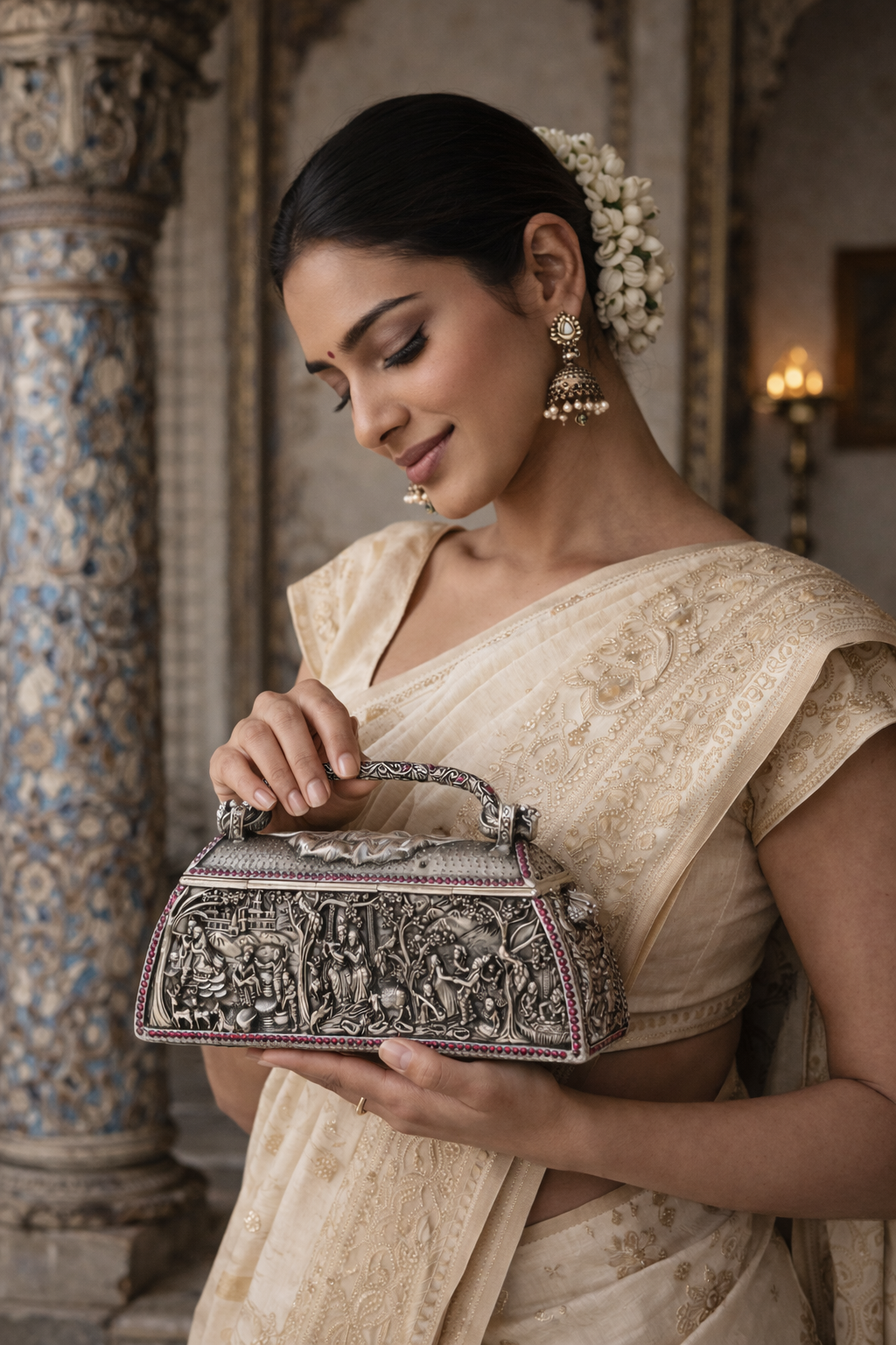 The Eternal Radha-Krishna Divine Embossed Silver Minaudière