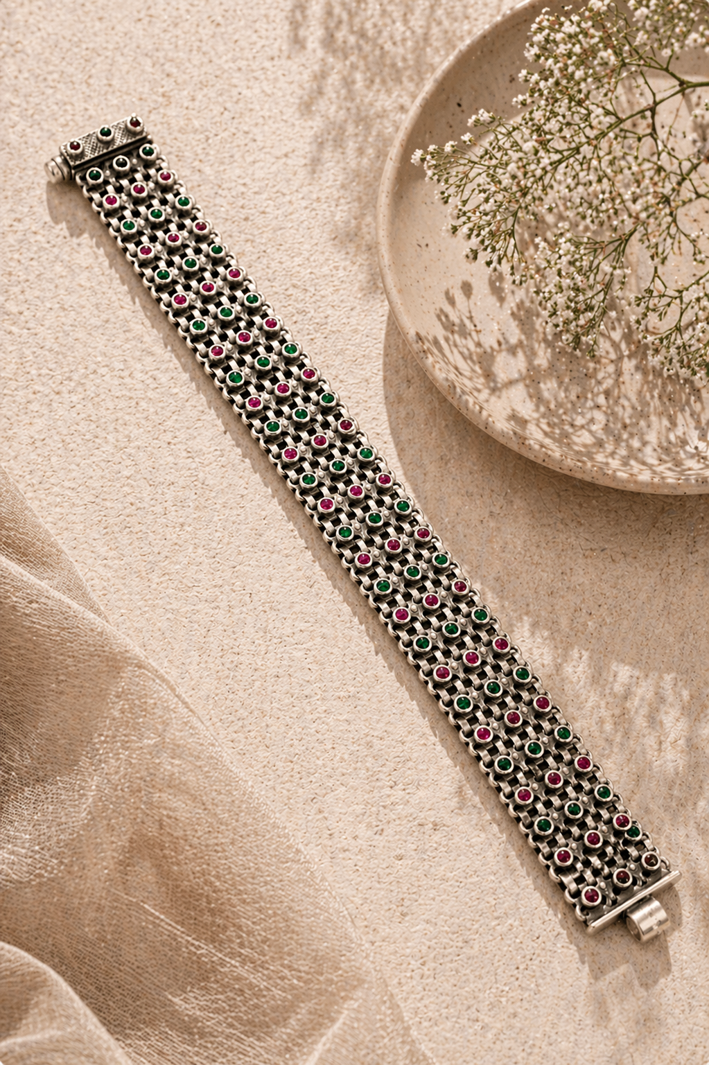 Oxidized Silver Multi-Stone Bracelet – Heritage Grid Design