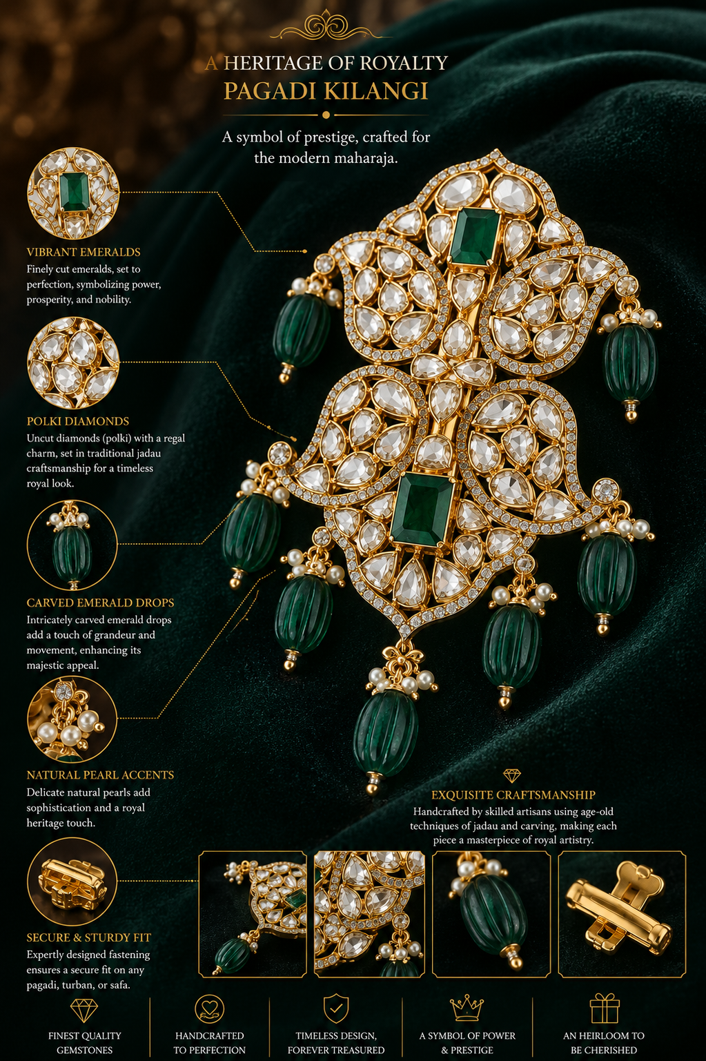 Royal Emerald Kundan Kilangi Pagdi Brooch